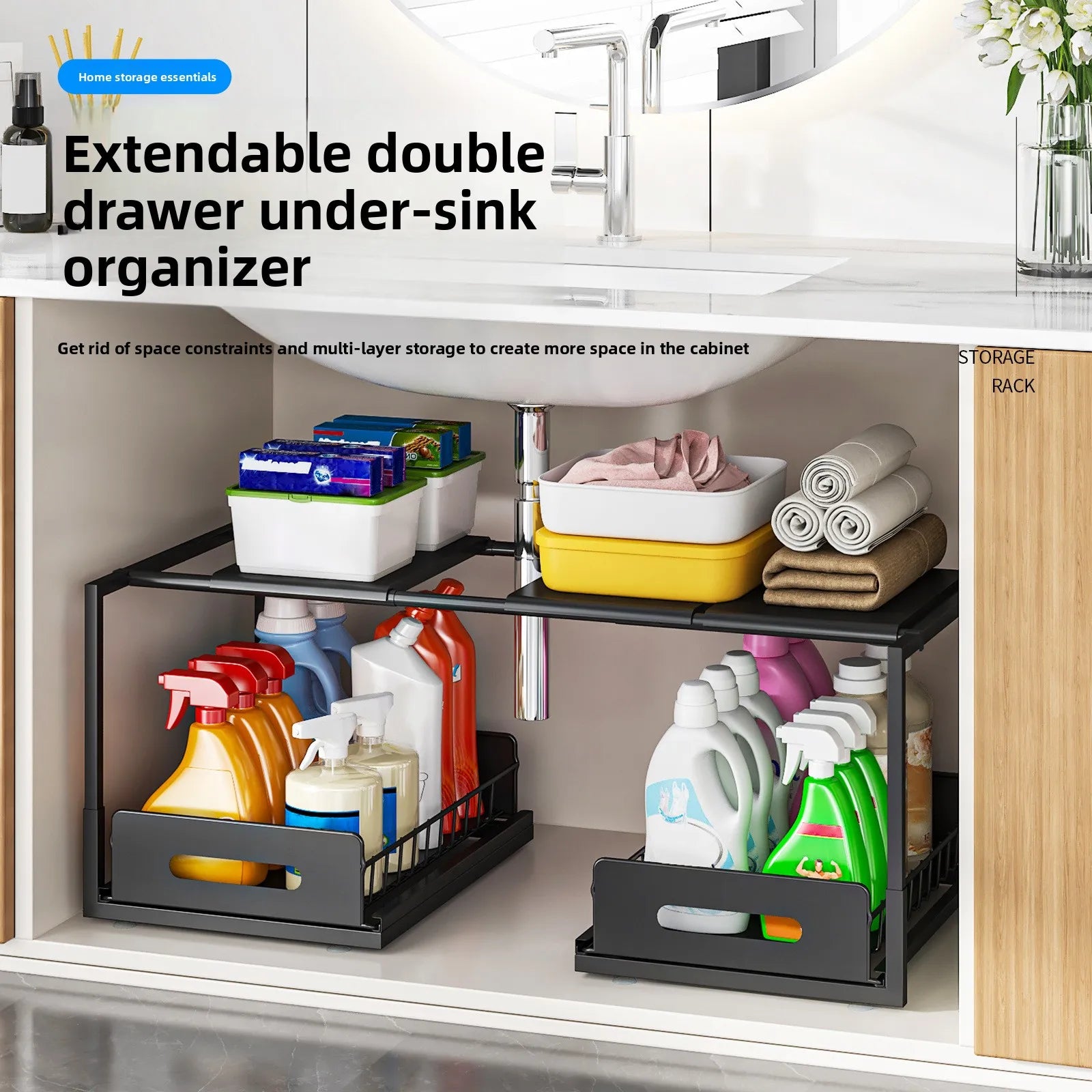 Kitchen Lower Sink Shelf Layered Rack in Cabinet Bathroom Basket Household Multifunctional Retractable Storage Rack Oasis Select