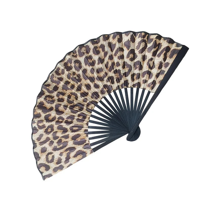 Elegant Leopard Print Folding Fan with Black Frame - Stylish Princess Theme, Lightweight & Portable for Women Oasis Select