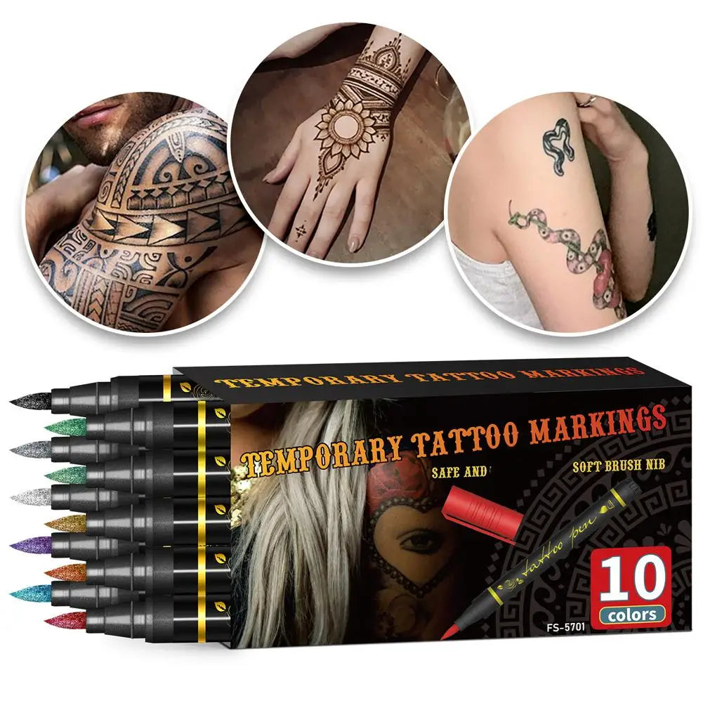 Temporary Tattoo Markers For Skin,Dual-End 10 Colors Tattoo Pens,Brush Tip Bright Colors,Face Paint Body Marker Halloween Makeup Oasis Select