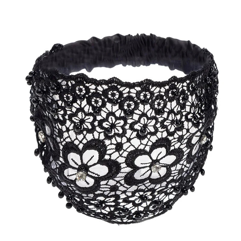 Elegant Hollow-Out Plum Blossom Beaded Headband, Wide-Brim Hair Clip for Effective White Hair Coverage Oasis Select black