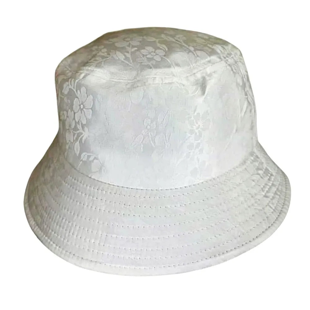 Elegant Floral Print Women Bucket Hat Rhinestone Decor Breathable Floral Print Fisherman Hat Sunscreen Protection Comfortable Oasis Select White