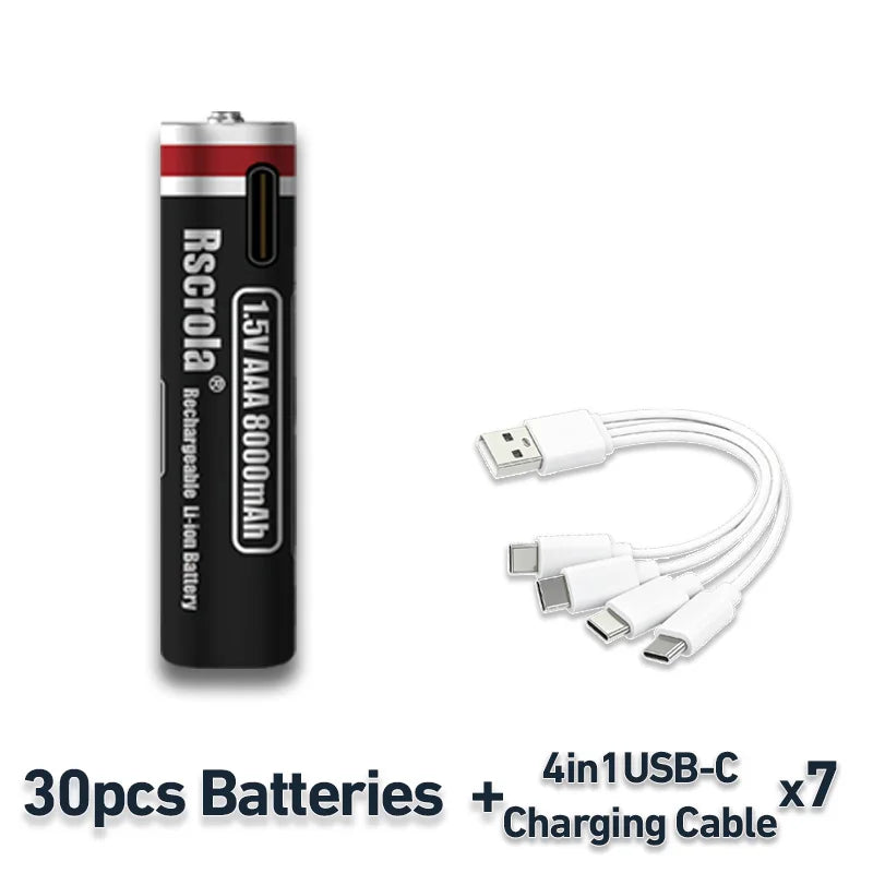 2026 New 1.5V AAA Rechargeable Li-Ion Battery 8000mAh Type-C Fast Charging for Smart Home, Toys, Shavers, Mouse, Flashlights Oasis Select 30 PCS AAA Batteries 1.5V