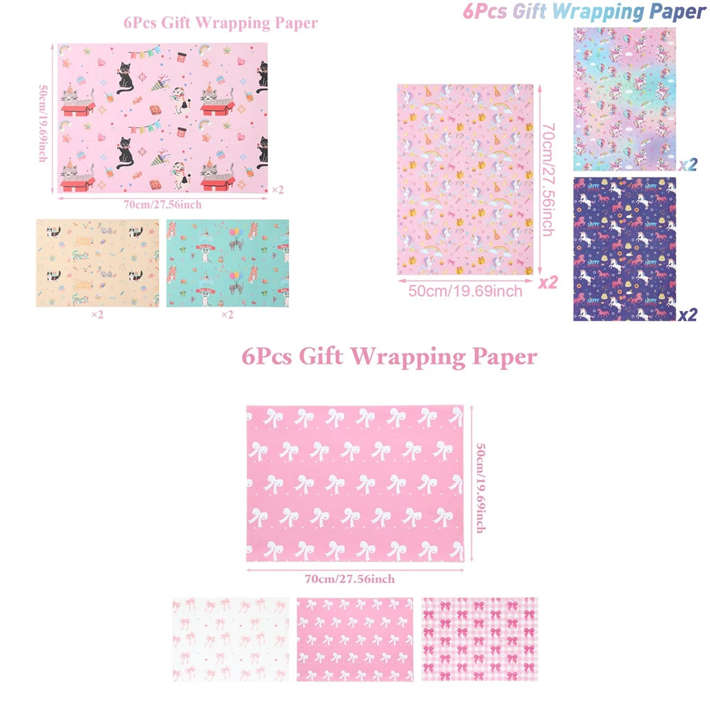 6Pcs Pink Bow 50x70cm Per Sheets Bow Theme Wrapping Paper Sheet Packaging For Kids Birthday Gift Wrap Craft Paper Decor Gifts Oasis Select