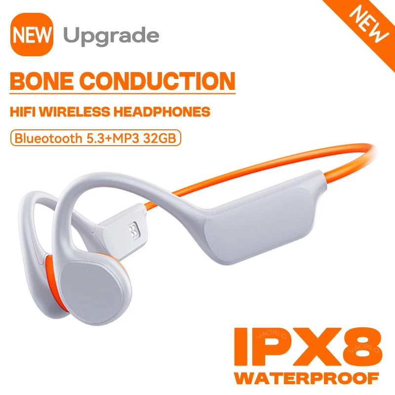 IPX8 Waterproof Bone Conduction Wireless Headphone Bluetooth 5.3+32GB RAM MP3 Player HIFI Music Sports Swimming Headset With Mic Oasis Select WhiteOrange 32GB