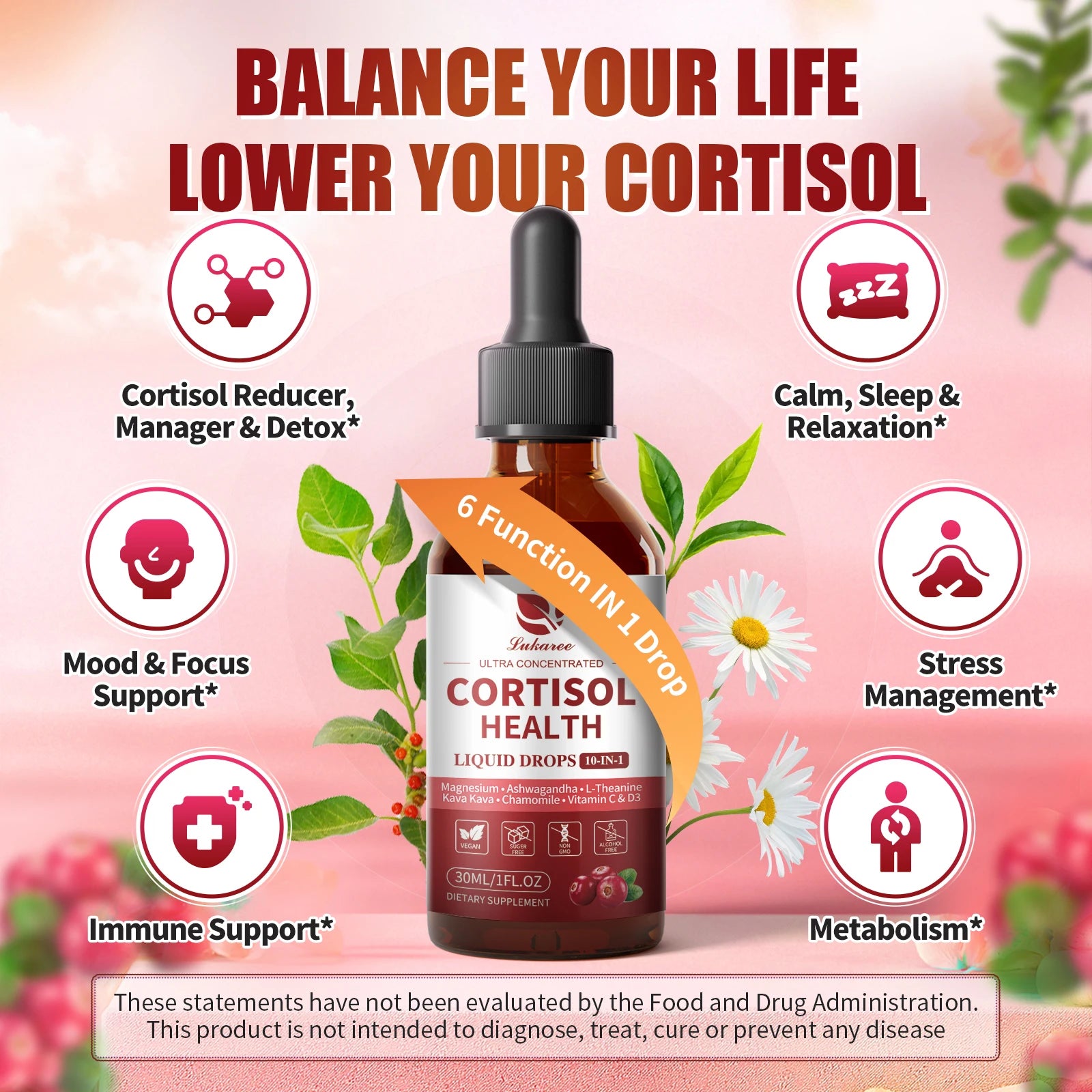 Lukaree 60ML Cortisol Supplements for Women & Men with Magnesium,Kava Kava for Cortisol Reducer & Detox, Mood Focus,Sleep Health Oasis Select