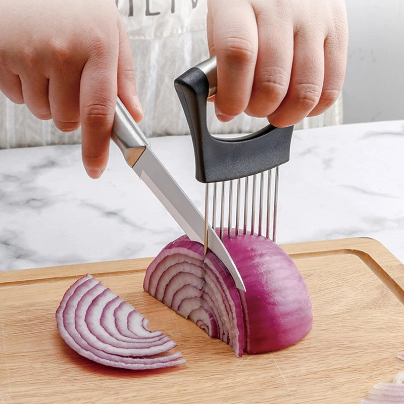 Stainless Steel Onion Cutter Holder Food Slicers Assistant Tomato Onion Slicer Holder Vegetables Cutting Fork Kitchen Gadgets Oasis Select