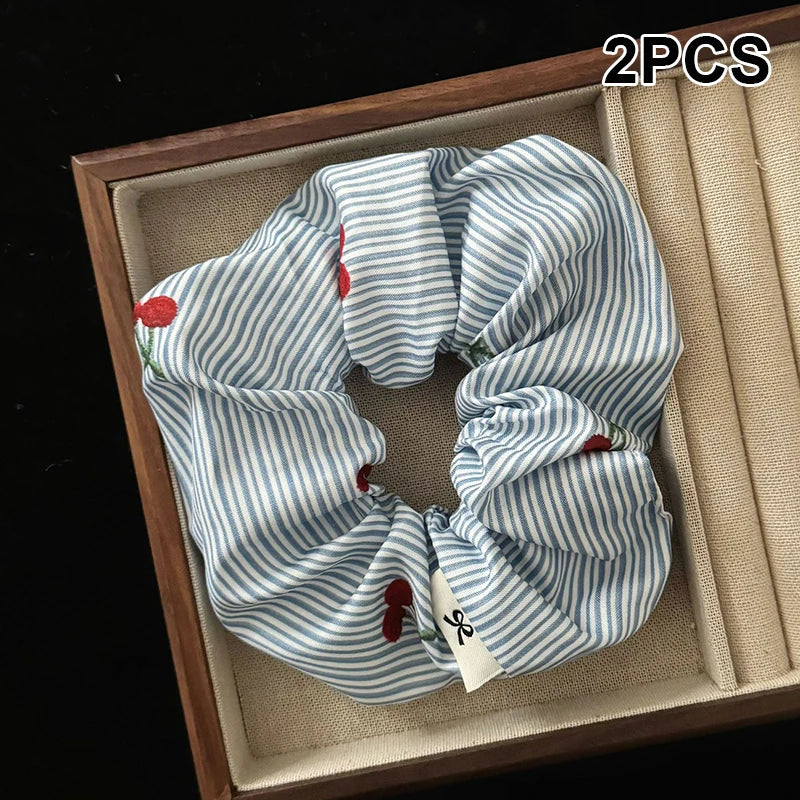 2Pcs Korean Delicate Style Blue Striped Red Bow Cherry Scrunchie Hair Tie Fashionable New Hair Accessories Oasis Select A2