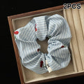 2Pcs Korean Delicate Style Blue Striped Red Bow Cherry Scrunchie Hair Tie Fashionable New Hair Accessories Oasis Select A2
