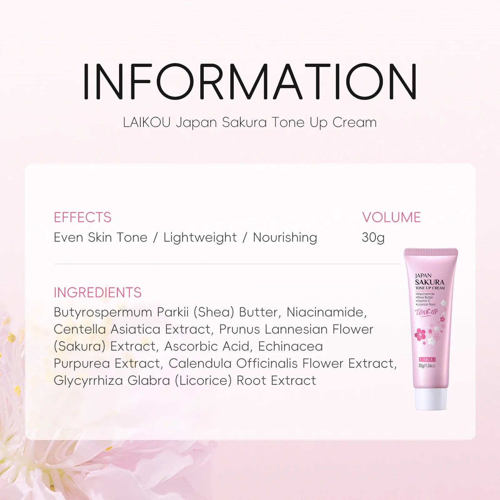 LAIKOU Sakura Tone Up Cream Hydrating Moisturizing Essence Cream Nourishing Skin Care for All Skin Types 30g Oasis Select
