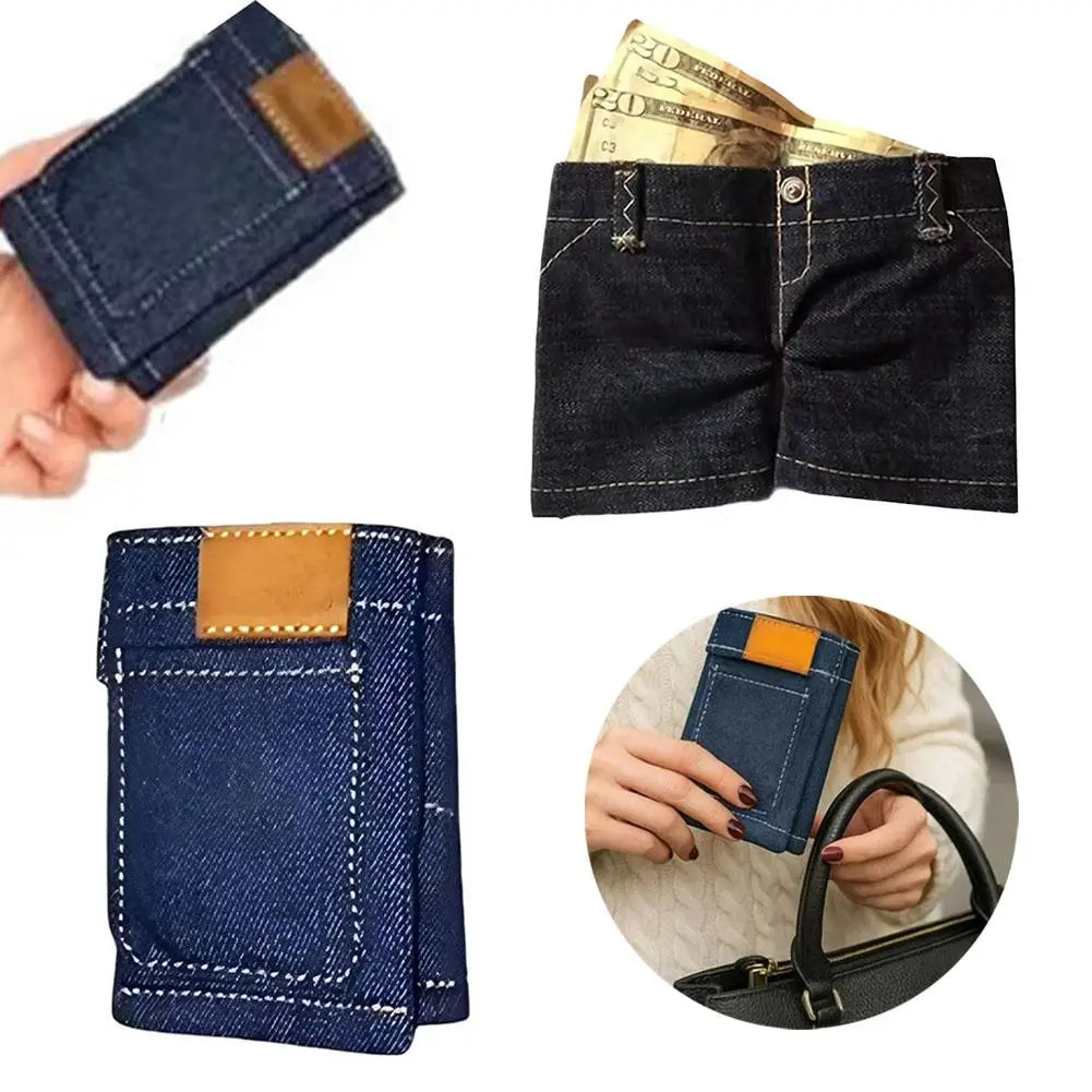 Mini Jeans Shaped Wallet Retro Denim Pants Style Foldable Coin Purse Card Holder Portable Small Cool Multi-functional Purse Oasis Select