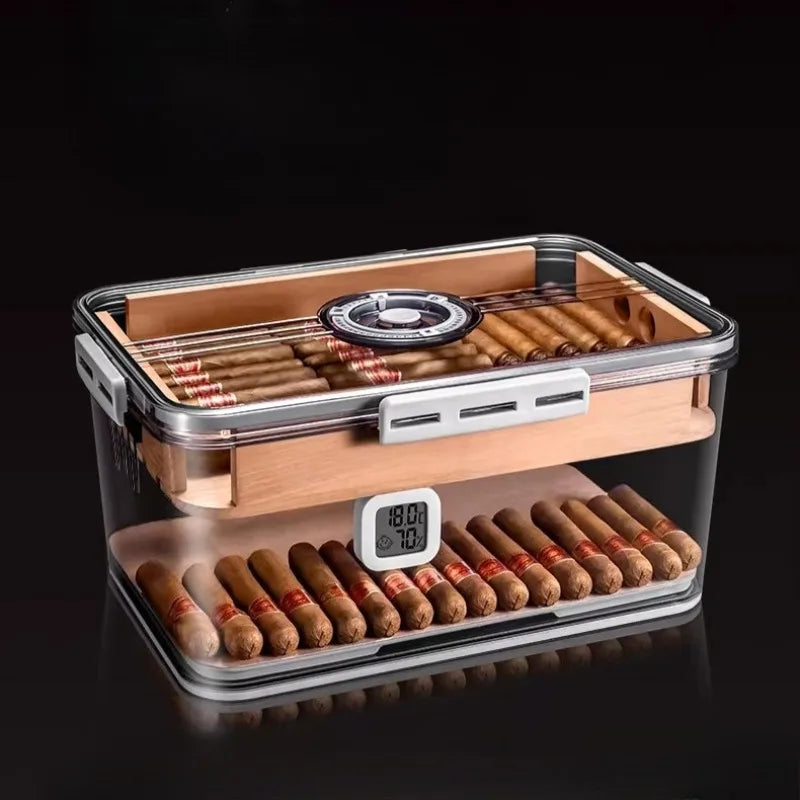 Cigar Box with Alcohol Nourishing Transparent Built-in Hygrometer Sealed Cigar Moisturizing Box Large-capacity Storage Oasis Select