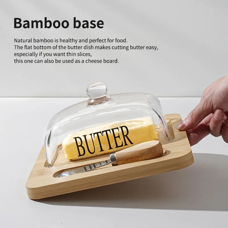 Wooden butter dish glass lid cheese box Butter cheese dessert plate cake dessert table display stand Oasis Select