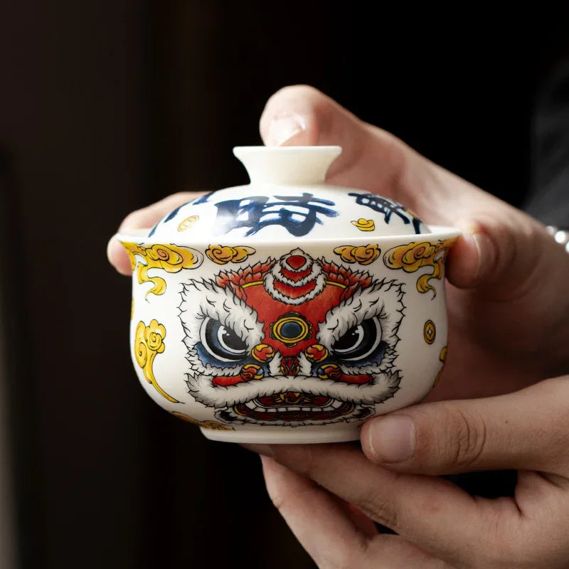National Tide Lion Cloth Bag Hover Revolving Cover Bowl Teacup Single High-end Tea Bowl Ceramic Pot Bearing Kung Fu Tea Set Oasis Select