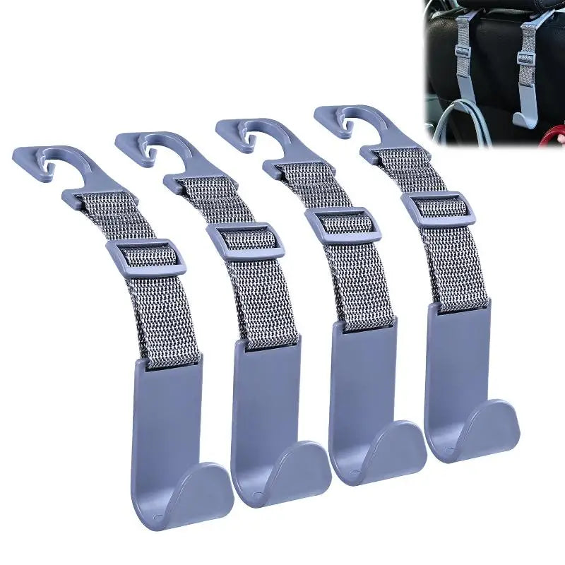 Car Seat Headrest Hooks 4Pcs, Adjustable Reusable Car Interior Accessories, Auto Storage Clips Fasteners, Easy to Install Oasis Select Gray