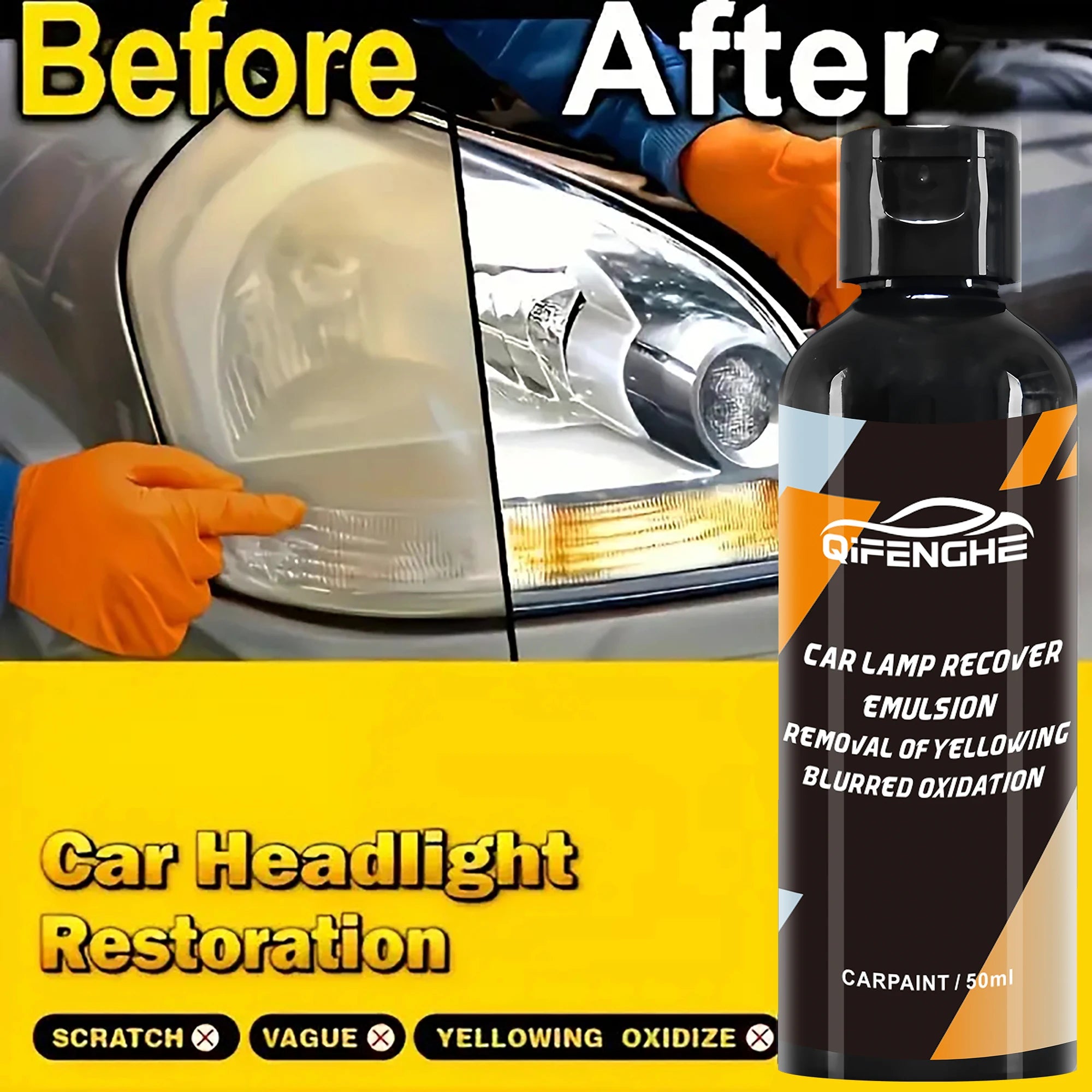 Car Headlight Restoration Liquid & Wax – Clears Yellowed Lenses