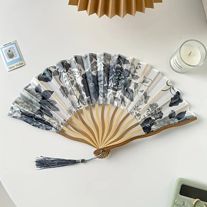 Traditional Chinese Ink Painting Folding Fan Portable Bamboo Cloth Hand Fan with Floral Pattern and Tassel for Qipao Accessory Oasis Select