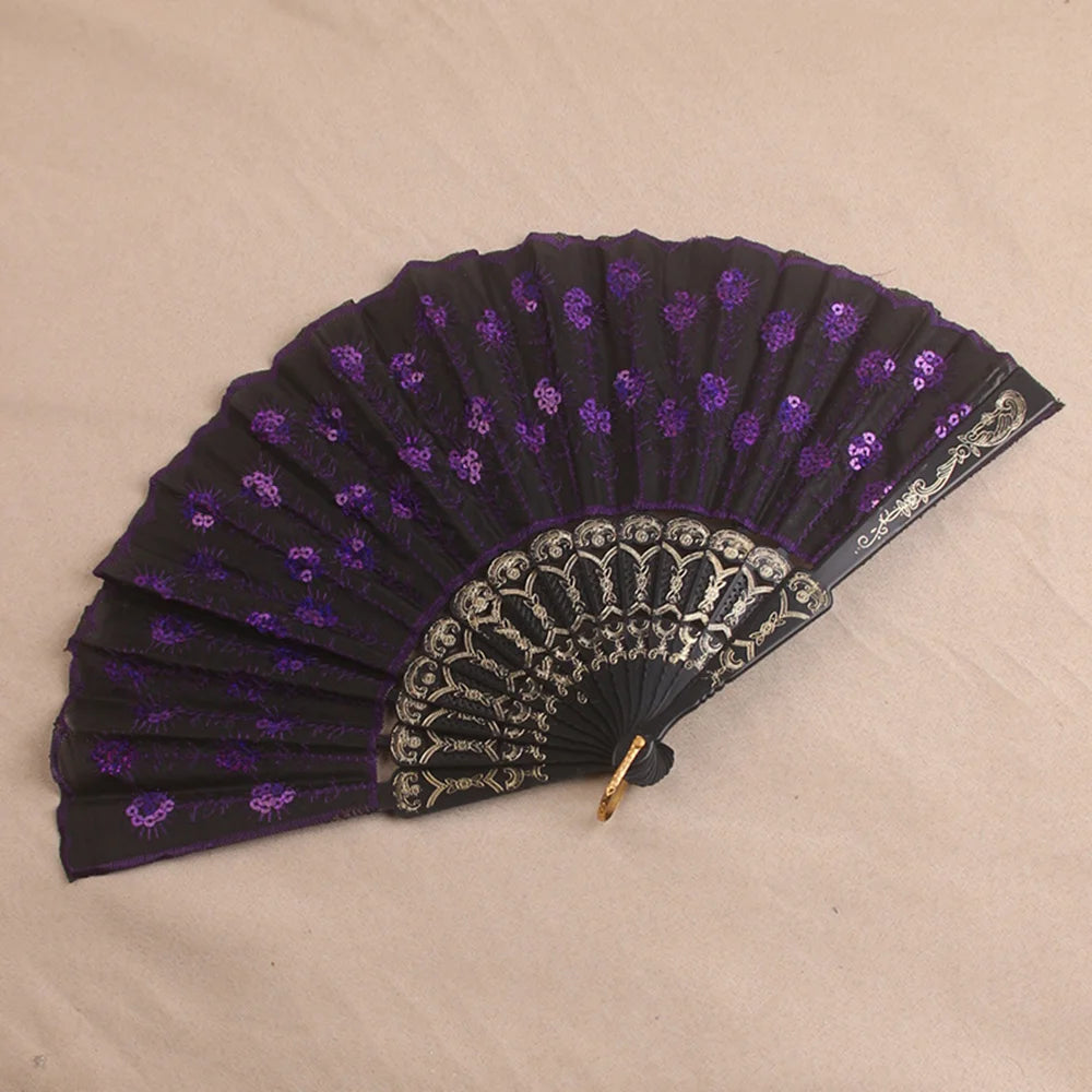 Silk Fan Folding Fan Wedding Art Gifts Peacock Sequin Dancing Fan Hand Held Fan Home decoration Oasis Select