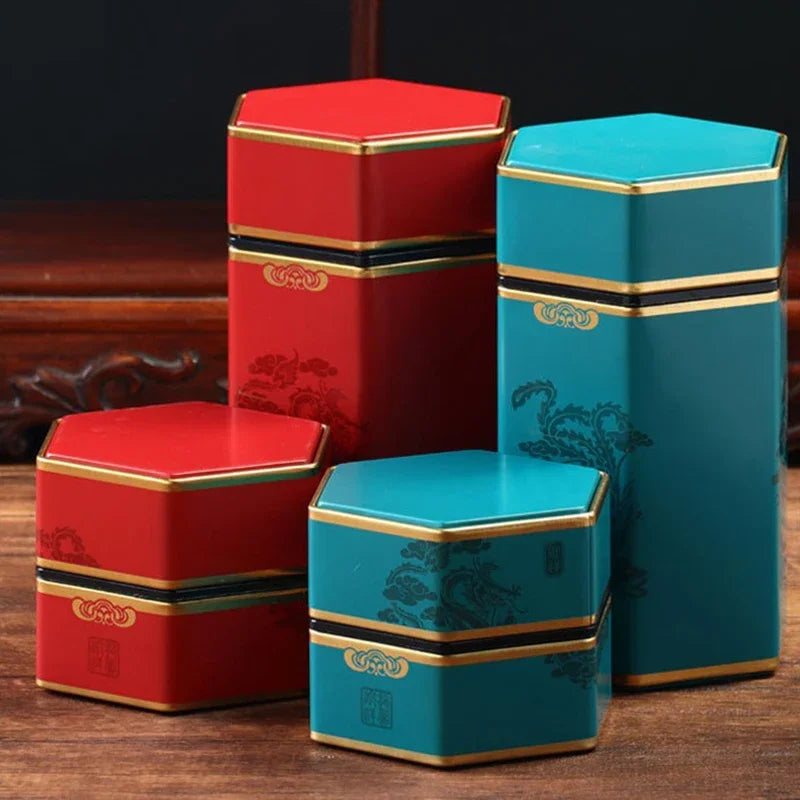 Creative Hexagonal Tea Pot Tin Can Chinese Tinplate Tea Storage Tank Small Sealed Portable Tea Box Empty Can Tea Set Accessories Oasis Select