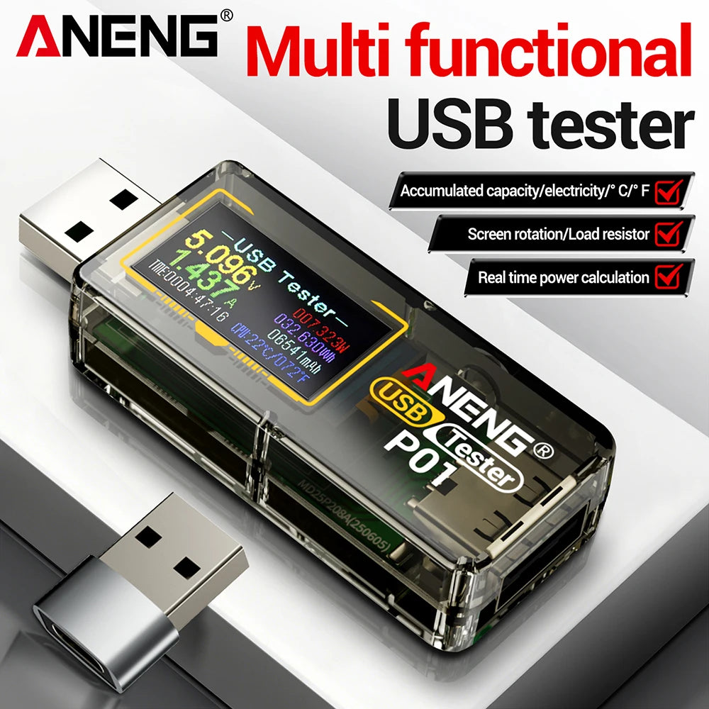 ANENG P01 USB Type-C Voltmeter Ammeter Capacity Tester High Precision DC 4-32V 0-6A Digital Power Bank Detector Tools Oasis Select
