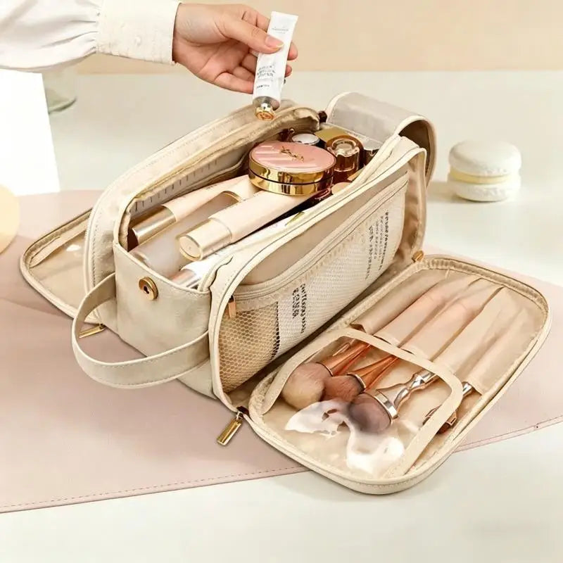 Leather Large Capacity Travel Cosmetic Bag Portable Women Makeup Case Waterproof Multifunctional Toiletry Organizer Storage Bag Oasis Select