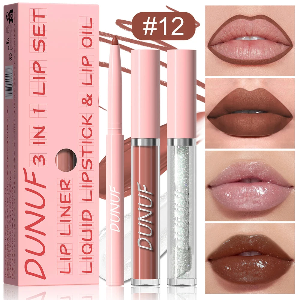 Lip Gloss Lip Liner Lip Oil 3pc/set: Matte Lipstick Waterproof Moisturizing Long Lasting Nude Y2K Christmas Valentine's Day Gift Oasis Select 12