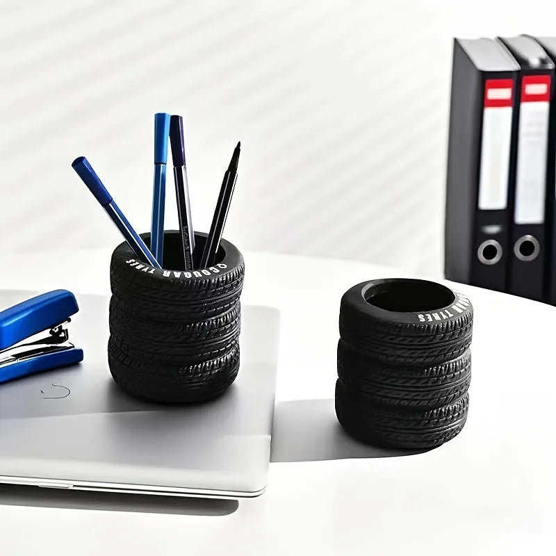 1pcs Fun Tire-Shaped Pen Holder -PVC Desk Organizer, Ideal for School and Office Supplies, Painted Finish, Office Supplies Oasis Select