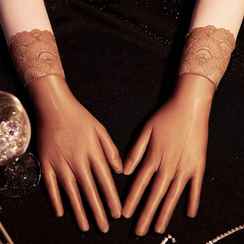 Women Oil Glossy Tight Stocking Gloves Sexy High Elastic Transparent Ultra-Thin Clubwear Short Wrist Gloves Oasis Select coffee lace trim