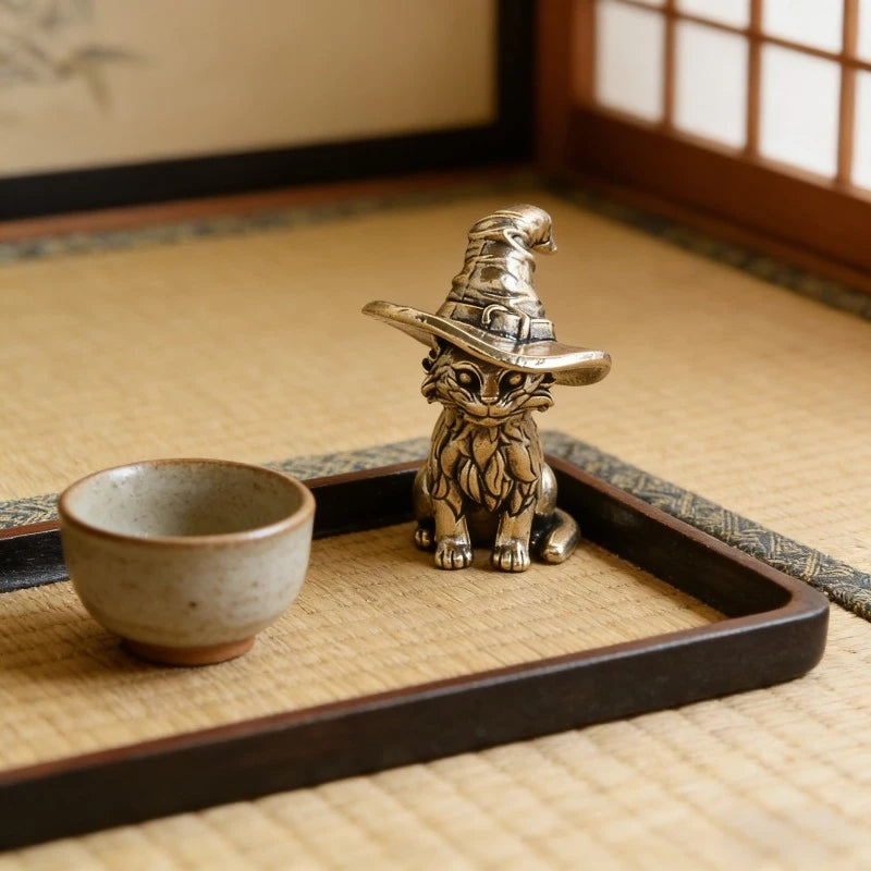 Vintage Solid Brass Witch Kitten Figurine Antique Style Home Desk Decor Ornament Creative Animal Sculpture Tea Pet Collectible Oasis Select