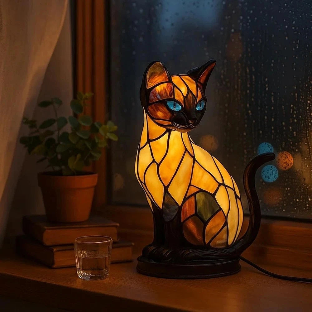 Cute Cat Lamp Stained Glass Retro led Stained Resin Tabletop Night Light bedroom Atmosphere Lights Gift For Dog Cat Lovers Oasis Select