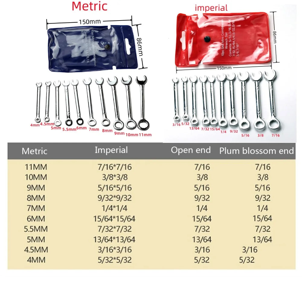 SLADE 10-Pc Mini Spanner Wrench Set 4–11mm British & Metric Mini Spanner Wrench Set Oasis Select