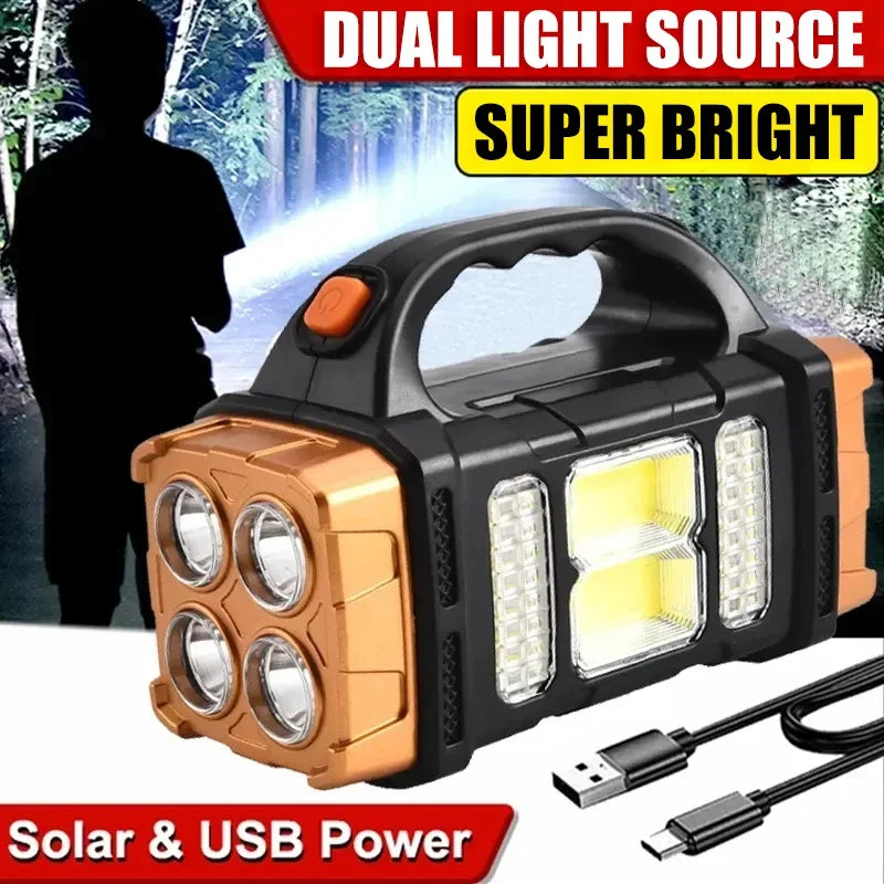 Portable Powerful USB Rechargeable Flashlight Solar LED Light With COB Work Light 4 Gear Charge Mobile Phone Camping Lamp Oasis Select