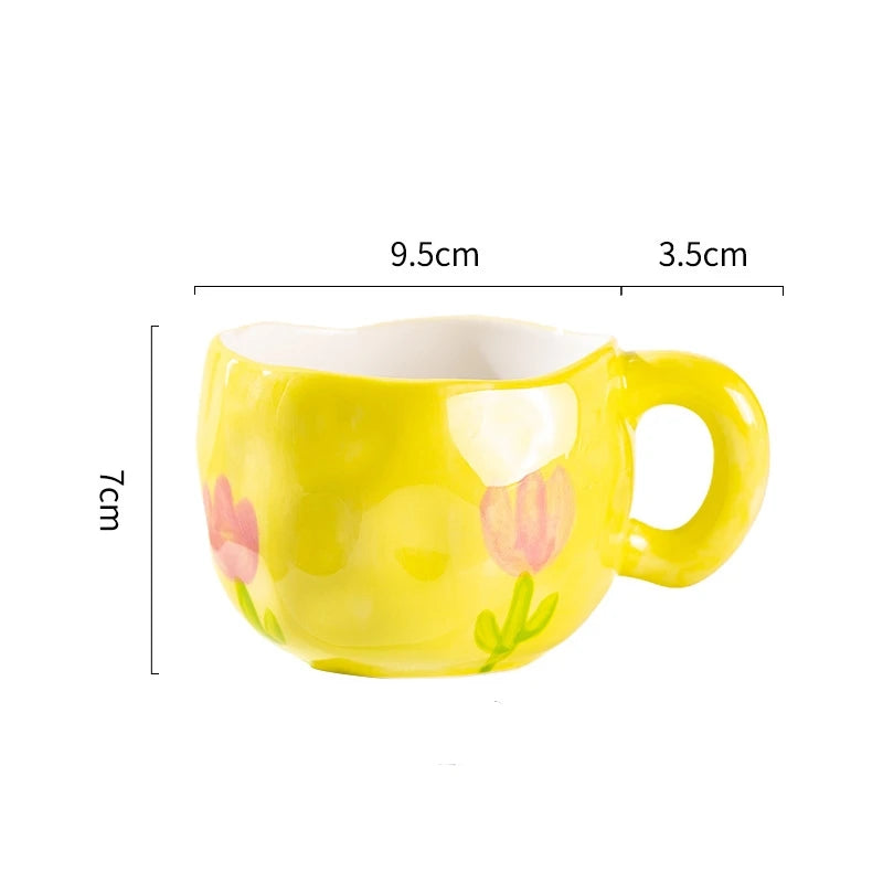 300ML Ceramic Mug Flower Heart Pattern Cute Hand Pinched Irregular Creative Style Coffee Cup Breakfast Milk Afternoon Tea Cups Oasis Select Yellow-Tulip 300ml