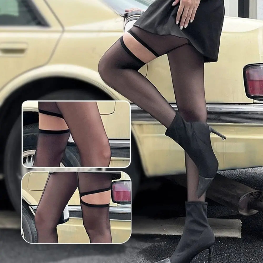 Fashion Personality High Pantyhose Asymmetry Hollow Out Female Stockings Leggings Perspective Vertical Line Tights Women Oasis Select