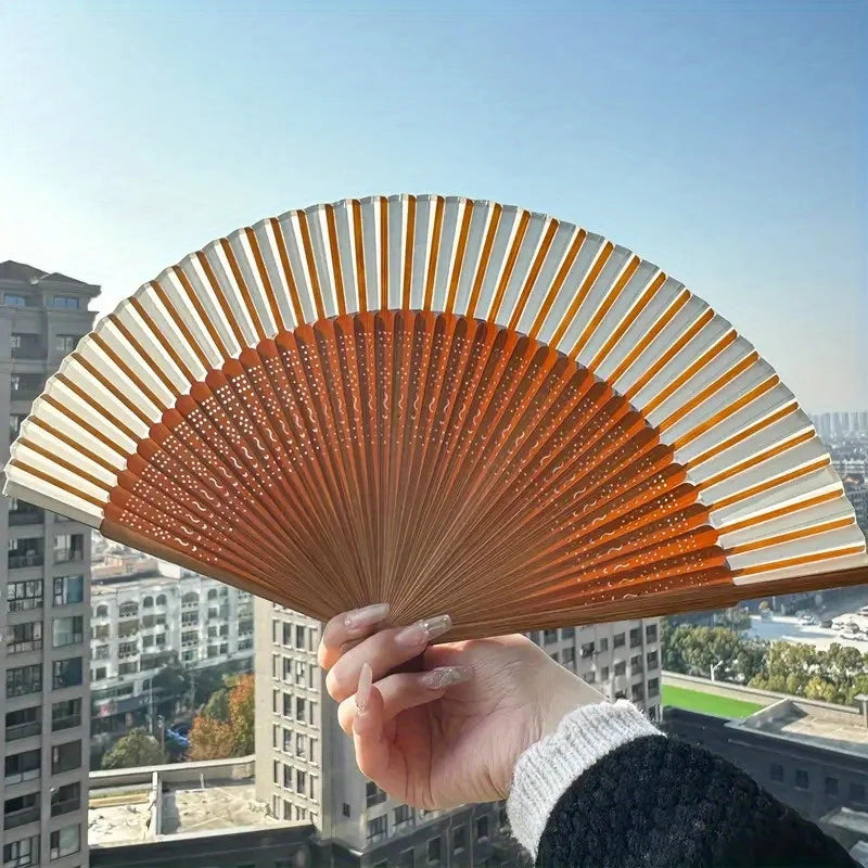 Retro Bamboo Folding Fan, Portable Summer Handheld Fan, Heart-shaped Origami Fan with Wooden Frame and White Paper Blades Oasis Select