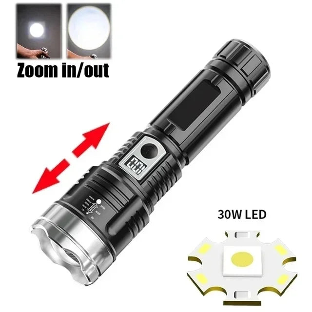 High Strong Power Led Flashlights Tactical Emergency Spotlights Telescopic Zoom Built-in Battery USB Rechargeable Camping Torch Oasis Select White laser A