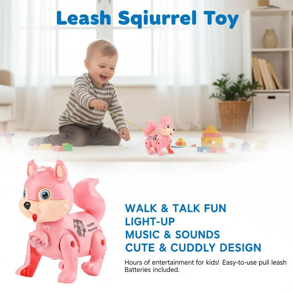 Cute Electric Squirrel Walking Toy with Pulling Leash Flashing Led Light Dynamic Music Interactive Sensory Toy for Kids Oasis Select