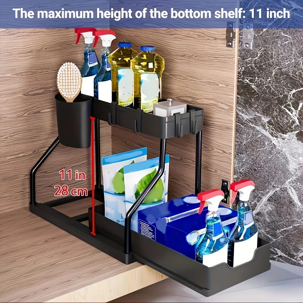 Space Saving 2 Tier Pull Out Storage Box Durable Large Capacity Kitchen Bathroom Essential Drawer Organizer Oasis Select black1 2-tier