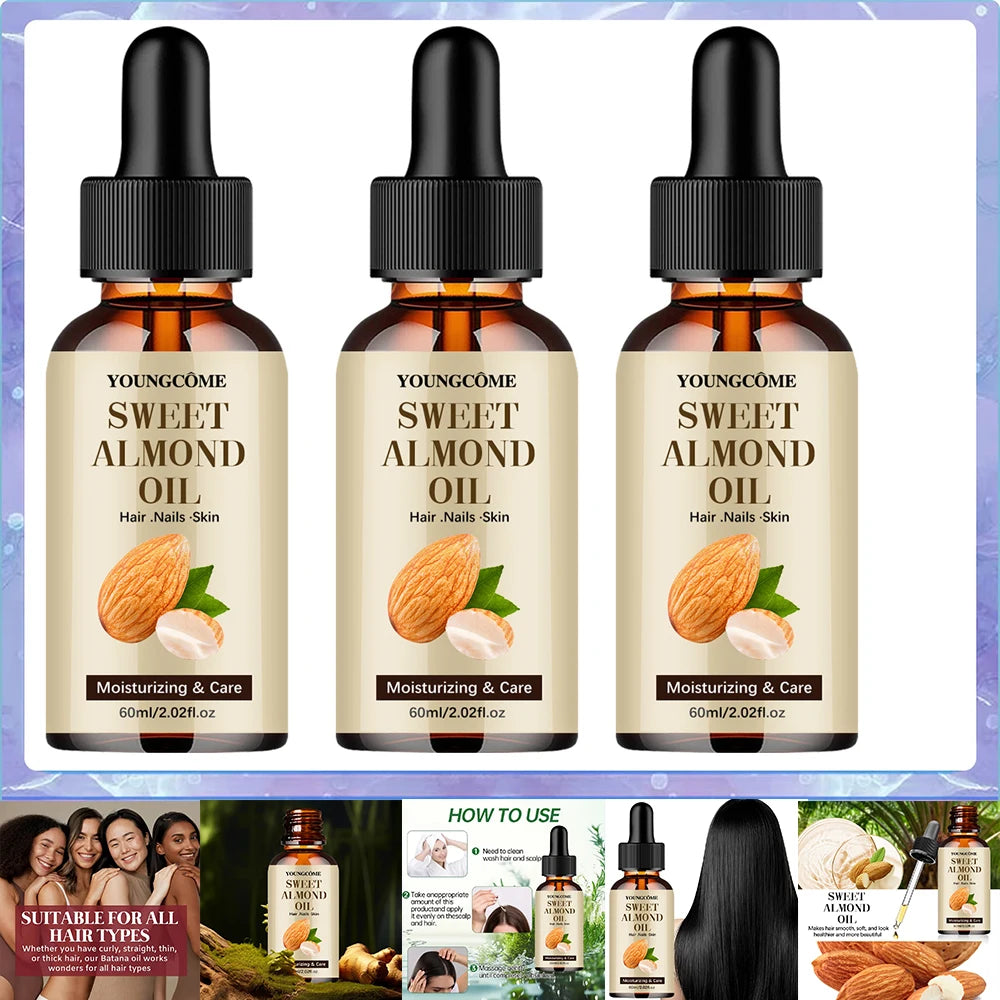 Sweet Almond Oil, Cold Pressed Pure Nourishing Moisturizing for Hair Skin Lightweight Hair Oil Pure, Multi-Purpose Body Face Oil Oasis Select 60ml-3pcs