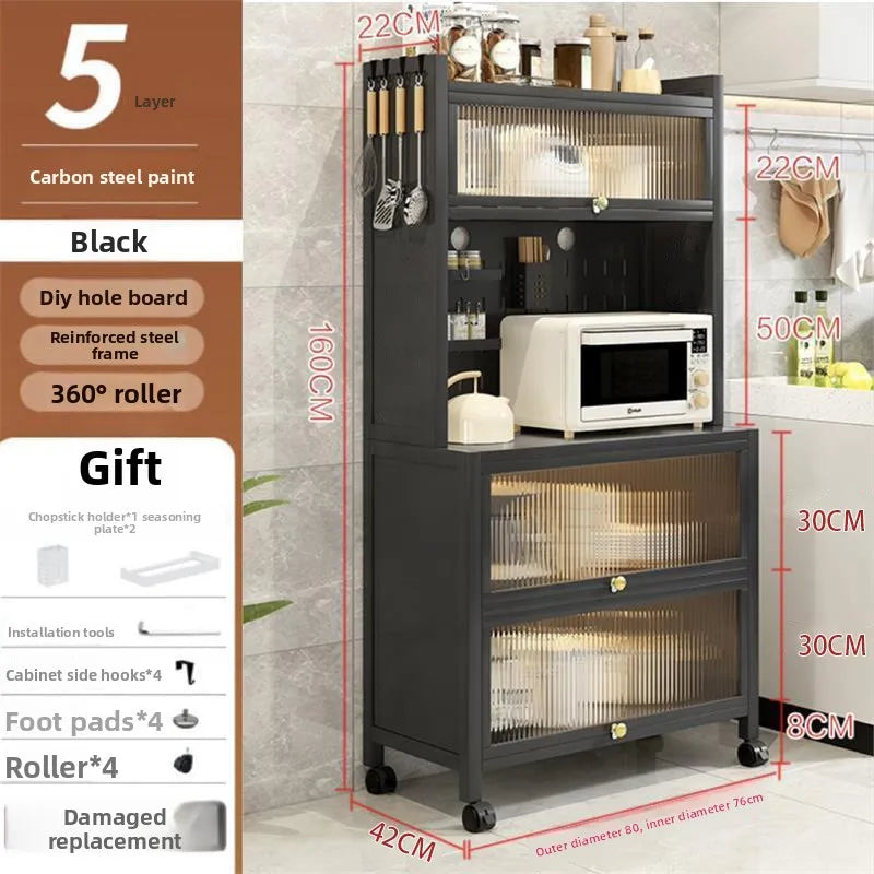 Kitchen Locker Carbon Steel Shelf with Door Household Side Cabinet Microwave Oven Storage Cabinet Cross-border Oasis Select Five layers of 80