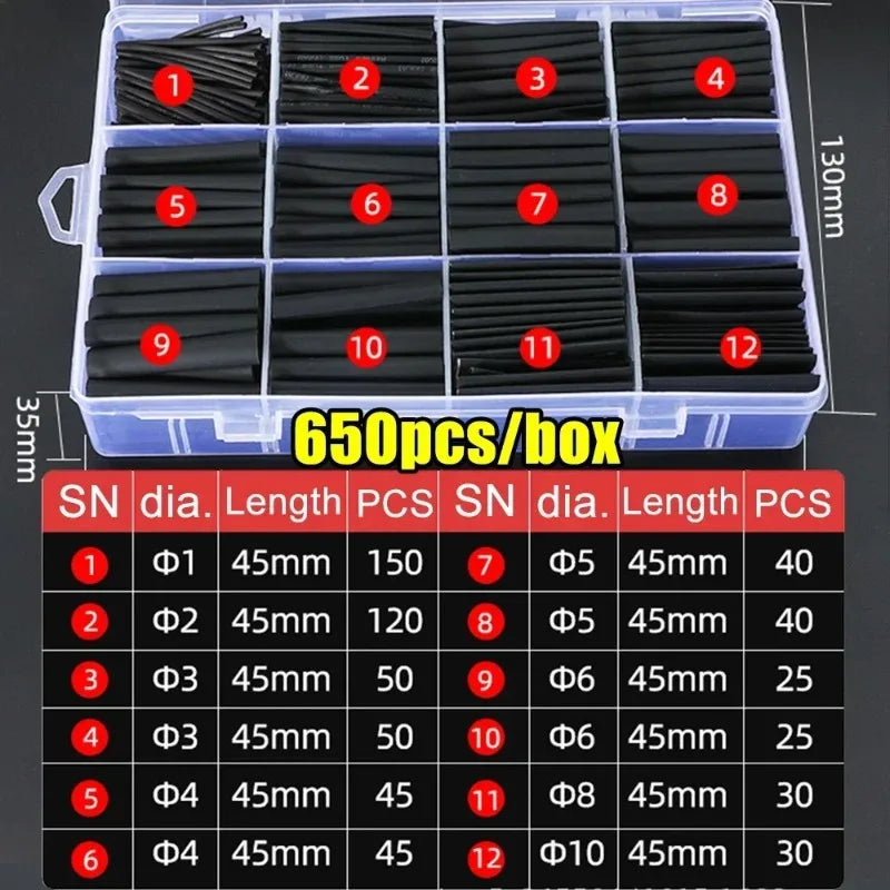 Et Polyolefin Shrinking Assorted Heat Shrink Tube Wire Cable Insulated Sleeving Tubing Set Shrinking Heat Shrinkable Tubing Oasis Select Black- 650pcs(box)
