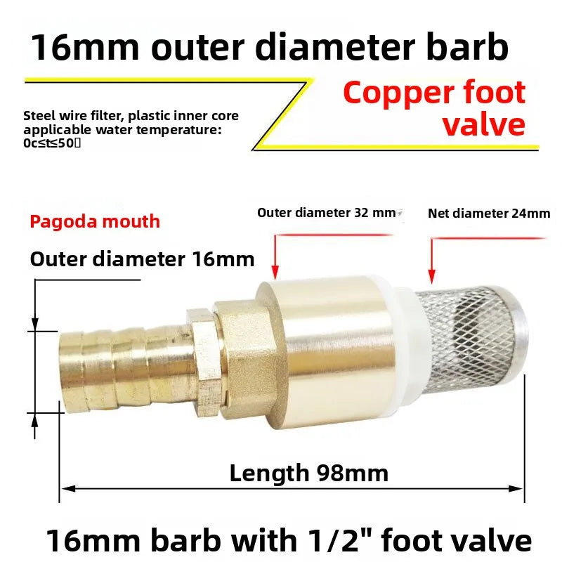 Copper Tower Bottom Valve with Filter Screen Check Valve, Self-priming Pump Inlet Anti Backflow Spring Insertion Pipe Filter Oasis Select Outer diameter 16mm 6-point bottom valve