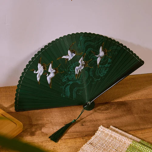 18cm Chinese style retro style all bamboo crane dark green big red bronzing folding fan portable cheongsam dance fan Oasis Select Dark green
