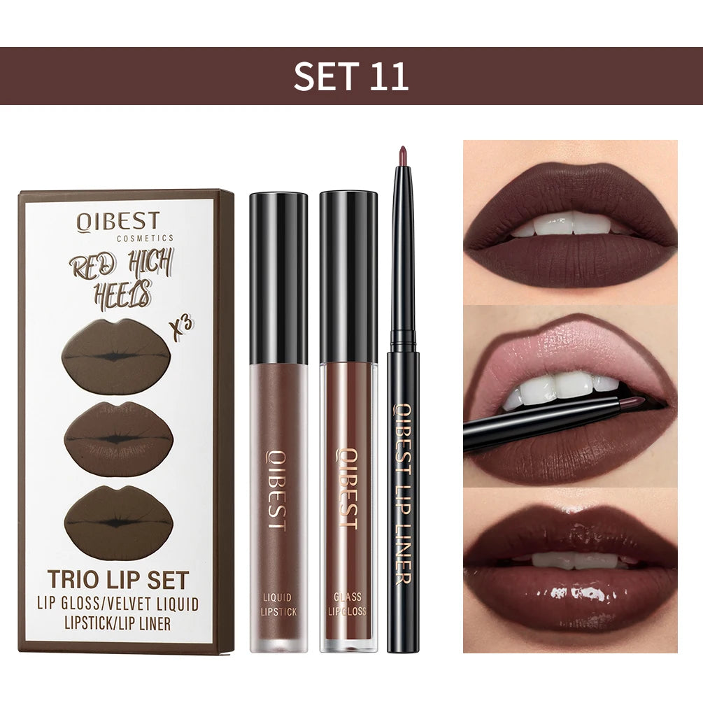 QIBEST 3-in-1 Matte Lipstick, Lip Liner & Gloss Set