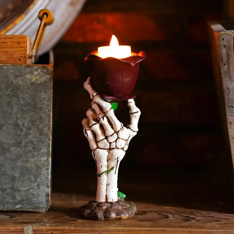 Halloween Skeleton Hand Rose Candlestick Decoration A Resin Home Retro Romantic Candlestick Atmosphere Decoration Oasis Select