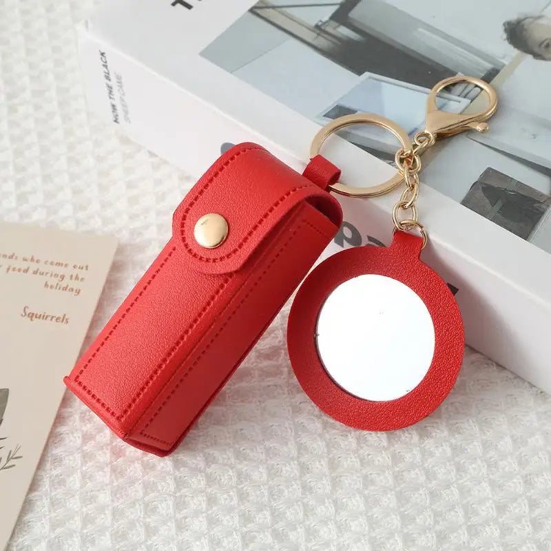 PU Leather Lipstick Holder Keychain with Flower Mirror