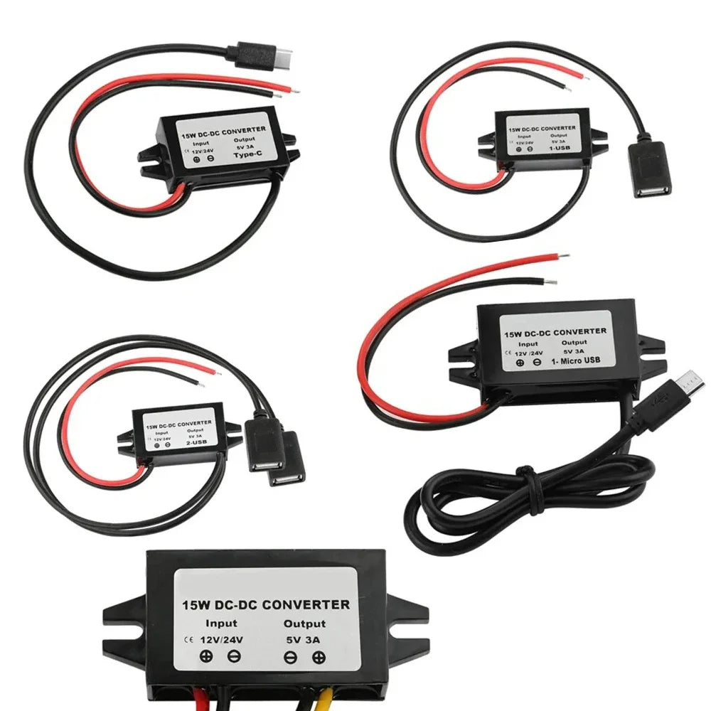 12V/24V to 5V 3A Power Adapter Converter DC-DC Step Down Module USB-A Female/Type C/dual USB/open Wire Connector Waterproof CE Oasis Select