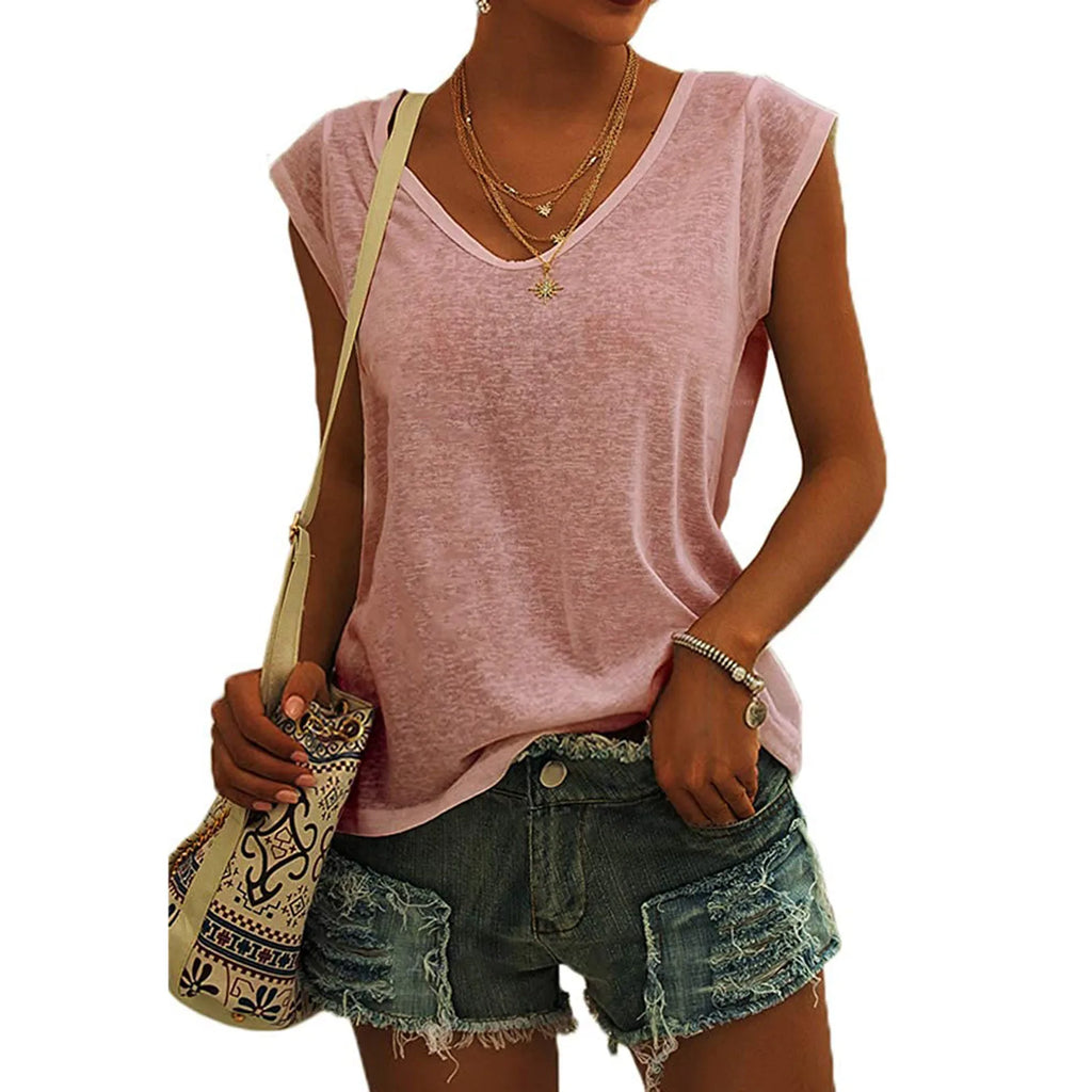 Summer Camisole Women'S V-Neck Vest Colored Cotton Solid Color T-Shirt Casual Sleeveless Vest Loose Top Fitted Vest Women'S Clot Oasis Select Pink S