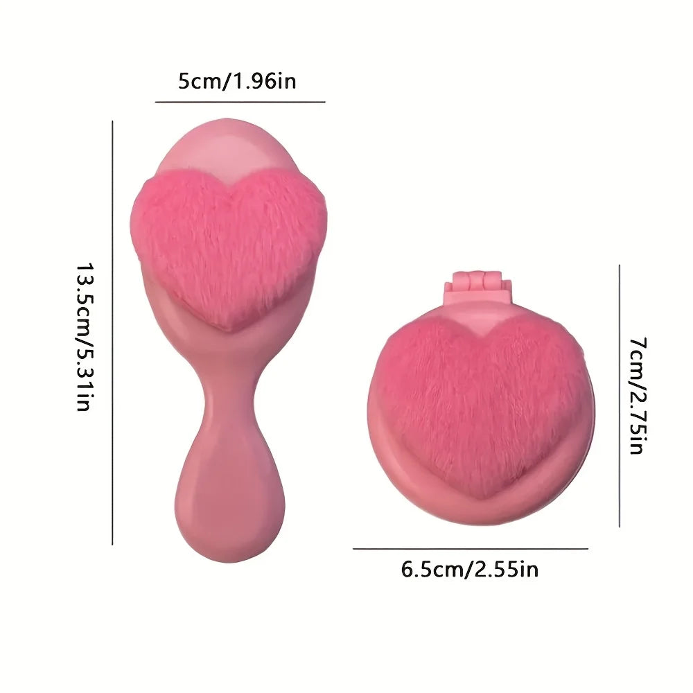 Plush Heart Mini Hair Brush & Mirror Set – Portable Pink Mini Hair Brush Set Oasis Select