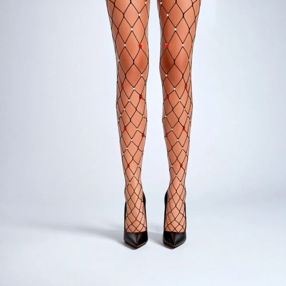 Hollow Out Rhinestone Pantyhose Thin Diamond Heart Patterned Fishnet Stockings Sparkling Larger Mesh Glitter Tights Oasis Select Black Red One Size