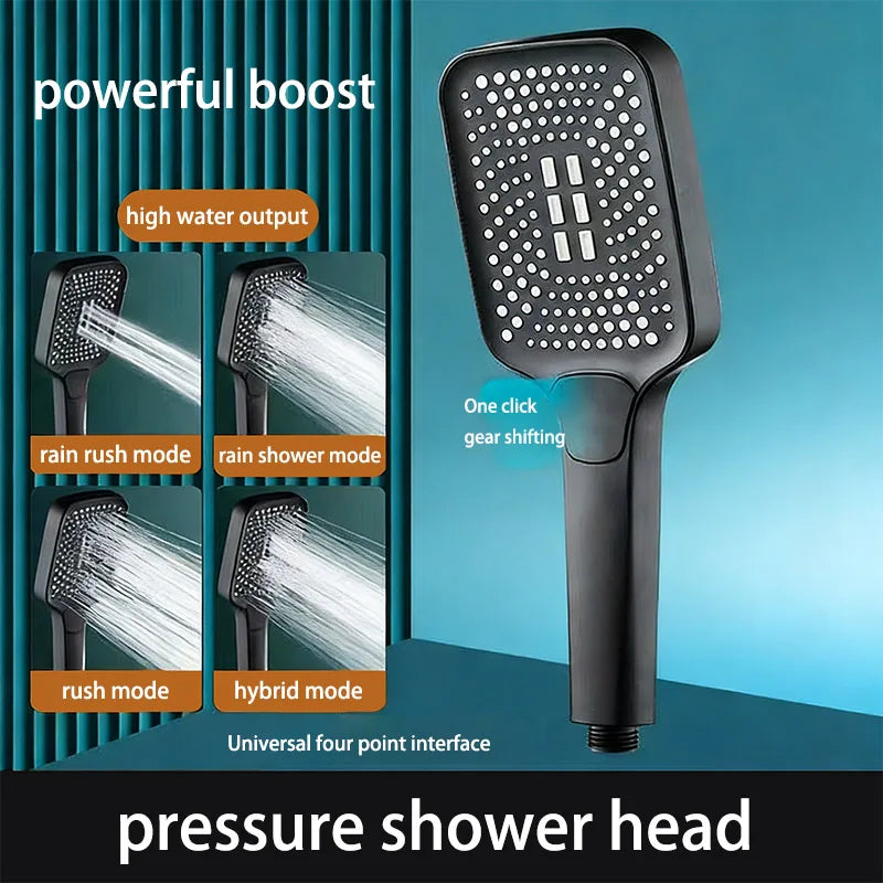 Square High-Pressure Handheld Shower Head – 3 Spray Modes